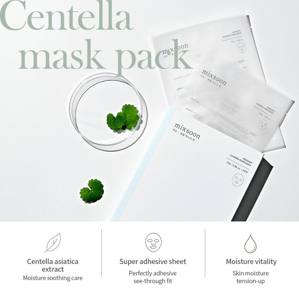 Mixsoon Centella Mask Pack 25g, Soothing Sheet with Asiatica Extract for Hydration and Skin Repair - 5pcs Mixsoon
