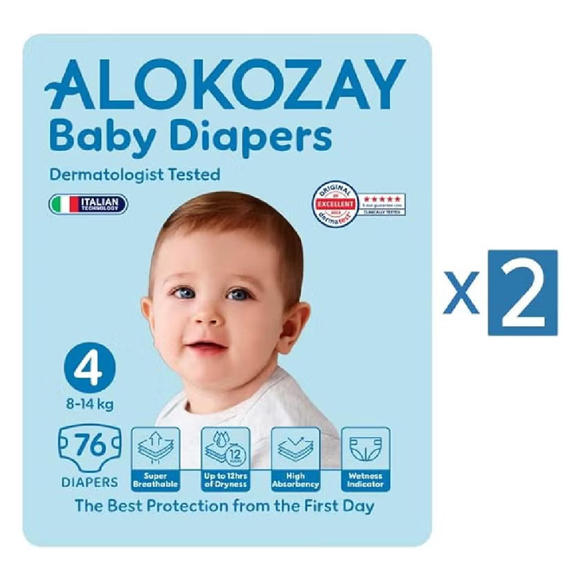 Alokozay Baby Diapers, Size 4, 8-14kg, Value Pack of 76x2's Alokozay