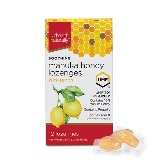 NZ Health UMF 10+ Manuka Honey Lozenges Lemon Soothing Relief with Propolis Menthol & Peppermint Oil - 12s NZ Health