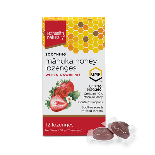 NZ Health UMF 10+ Manuka Honey Kids Lozenges Strawberry - Soothes Sore Throat with Propolis Natural & Safe - 12s NZ Health