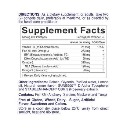 Nordic Sunshine Omega 3-6-9 688mg + Vitamin D3 25mcg, Hormone Support, Lemon Flavor - 100 Softgels Nordic Sunshine