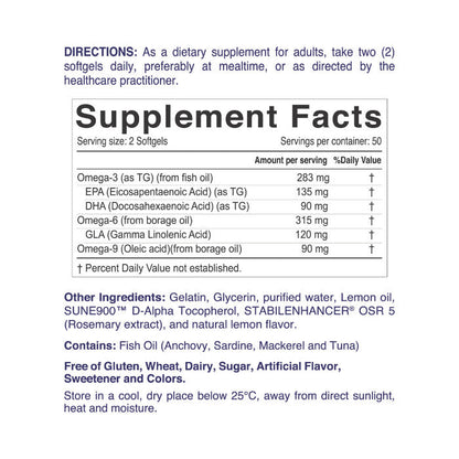 Nordic Sunshine Complete Omega 3-6-9 688mg - Heart, Brain & Joint Support with Borage Oil – 100 Softgels Nordic Sunshine