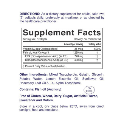 Nordic Sunshine Omega 1280mg with Vitamin D3 25mcg, High Potency EPA+DHA - 100 Softgels Nordic Sunshine