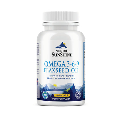 Nordic Sunshine Omega 3-6-9 Flaxseed Oil 1000mg, ALA-Rich Plant-Based Formula with Vitamin D & E for Heart, Brain -100 Softgels Nordic Sunshine