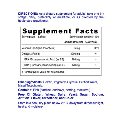 Nordic Sunshine Omega-3 Fish Oil – 1000 mg, Supports Heart, Immunity, Joint & Brain Function - 100 Softgels Nordic Sunshine