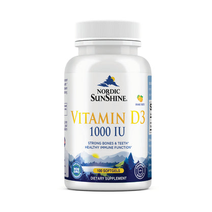 Nordic Sunshine Vitamin D3 1000 IU, Immune, Bone & Mood Support for Healthy Calcium Absorption – 100 Softgels Nordic Sunshine
