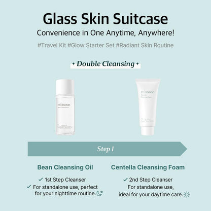 Mixsoon Glass Skin Suitcase – Travel Skincare Set with Bean Cleansing Oil, Centella Foam, Essence and Cream Mixsoon