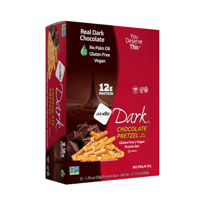 NuGo Dark Chocolate Pretzel Bar 50g, 12g Protein, Gluten Free, No Palm Oil, Pack of 12 pcs NuGo
