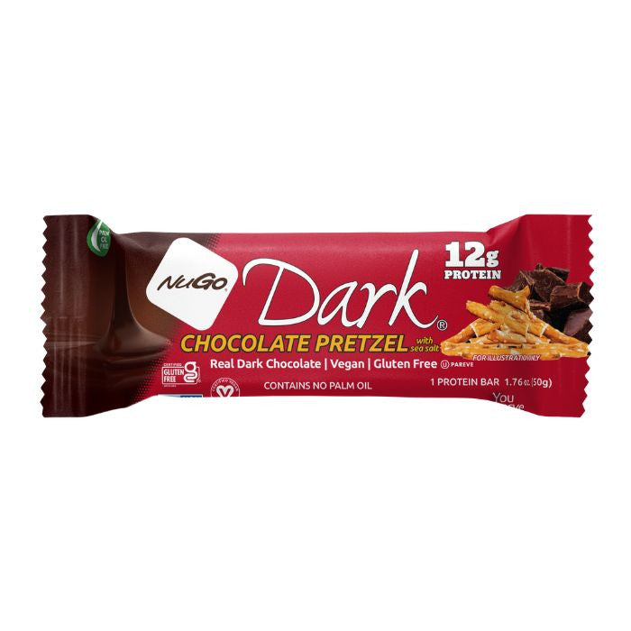 NuGo Dark Chocolate Pretzel Bar 50g, 12g Protein, Gluten Free, No Palm Oil, Pack of 12 pcs NuGo