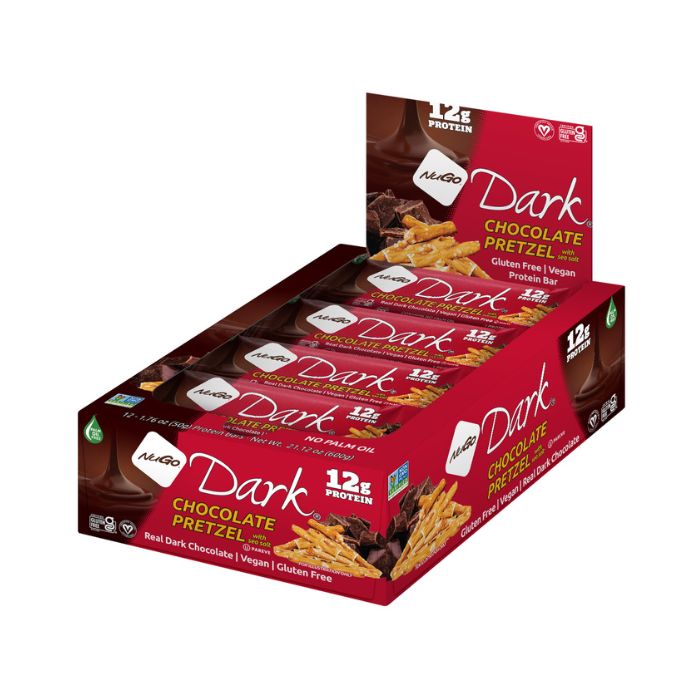 NuGo Dark Chocolate Pretzel Bar 50g, 12g Protein, Gluten Free, No Palm Oil, Pack of 12 pcs NuGo