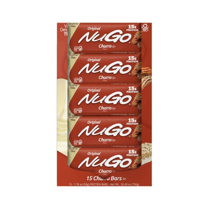 NuGo Original Churro Protein Bar 50g, 15g Protein, Gluten Free, Cinnamon Crunch Yogurt, Pack of 15 pcs NuGo
