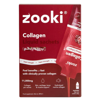 Zooki Super Strength Marine Collagen 11000mg Sour Cherry Flavor Liquid Sachets 18.5ml, Pack of 14's Zooki