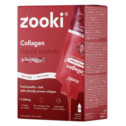 Zooki Super Strength Marine Collagen 11000mg Sour Cherry Flavor Liquid Sachets 18.5ml, Pack of 14's Zooki