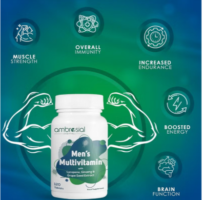 Ambrosial Men's Multivitamin with Lycopene, Ginseng & Grape Seed Extract (Pack of 1-120 Tablets) ambrosial