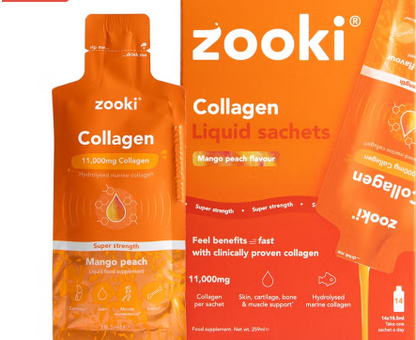 Zooki Super Strength Marine Collagen 11000mg Mango Peach Flavor Liquid Sachets 18.5ml, Pack of 14's Zooki